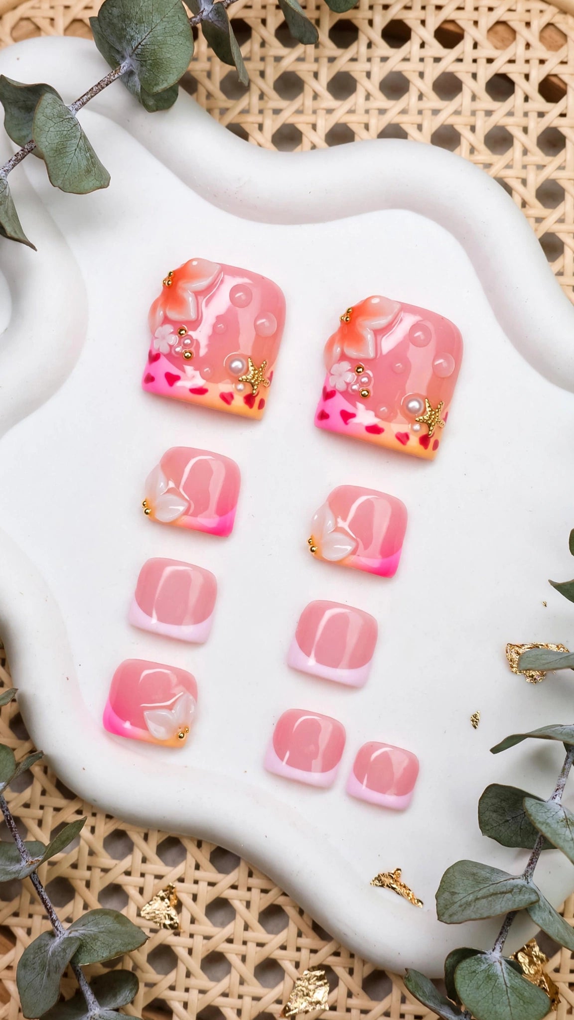 Handmade Press-On Nails – Nude & Pink with French Tips | Cow Print, Starfish & Pearl Design