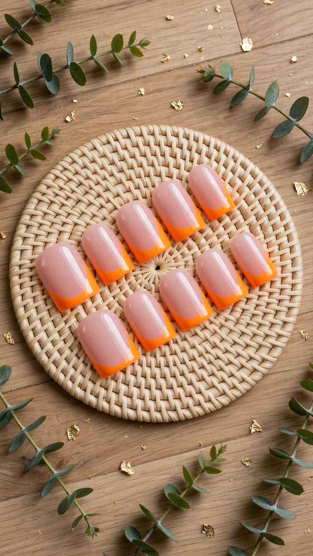 Square Press-On Nails – Fluorescent Orange & Nude French Edge (10pcs, 3 Sizes)