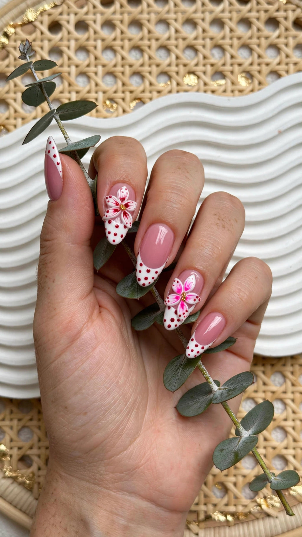 Almond-Shaped Press-On Nails – Nude & White with French Tips | Polka Dots & Carved Design