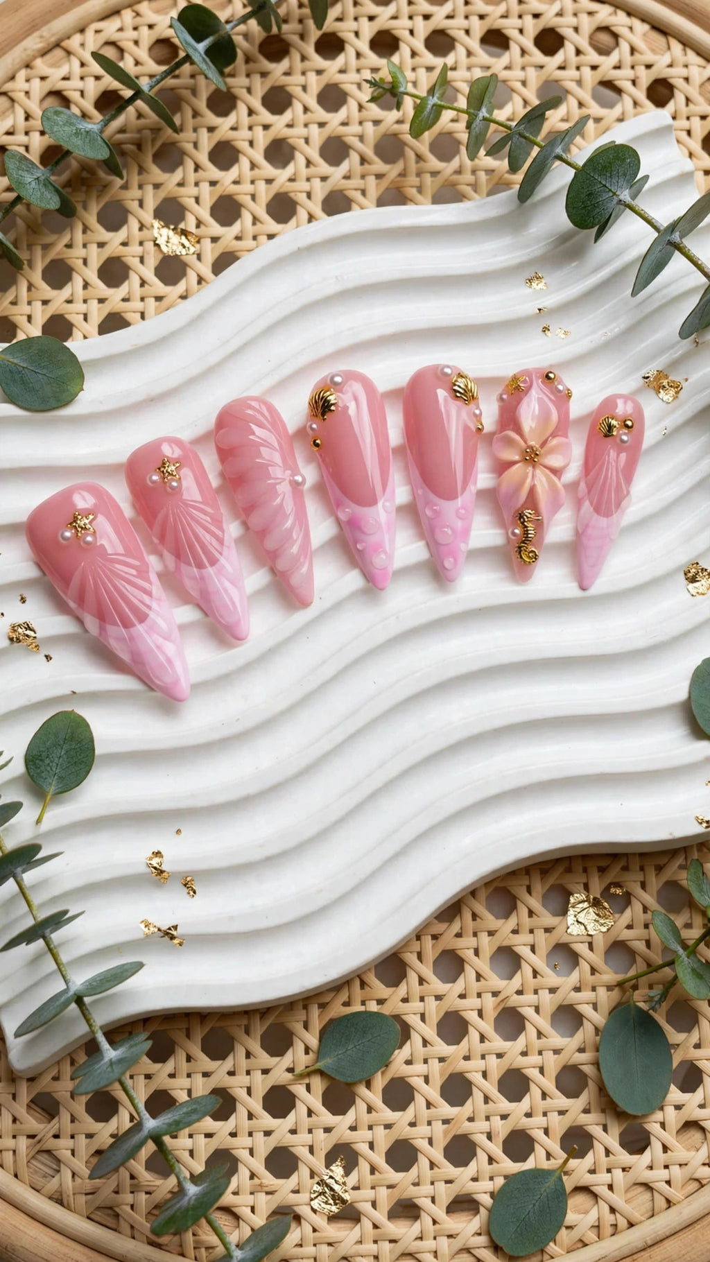 Ocean Theme Almond Press-On Nails – Nude & Pink with French Tips