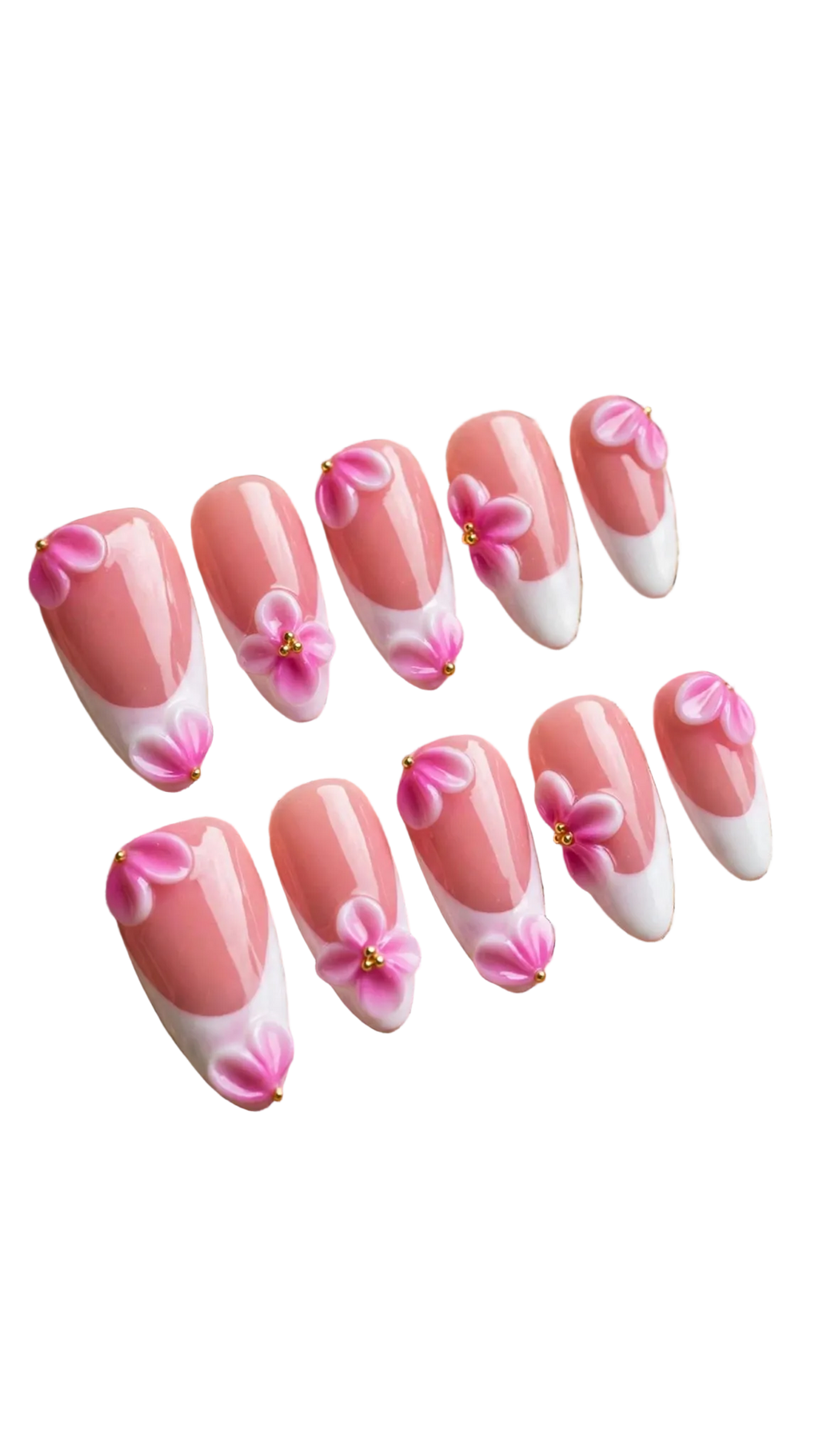 Almond-Shaped Press-On Nails – White & Nude French Tip with Carved Design (10pcs)