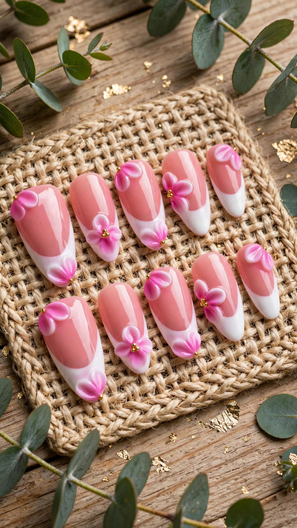 Almond-Shaped Press-On Nails – White & Nude French Tip with Carved Design (10pcs)