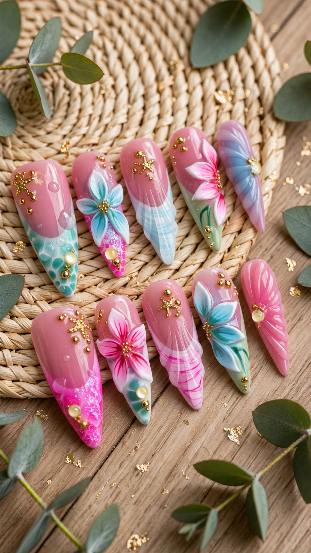 Almond-Shaped Press-On Nails – Nude, Pink, Blue & Red with French Tips