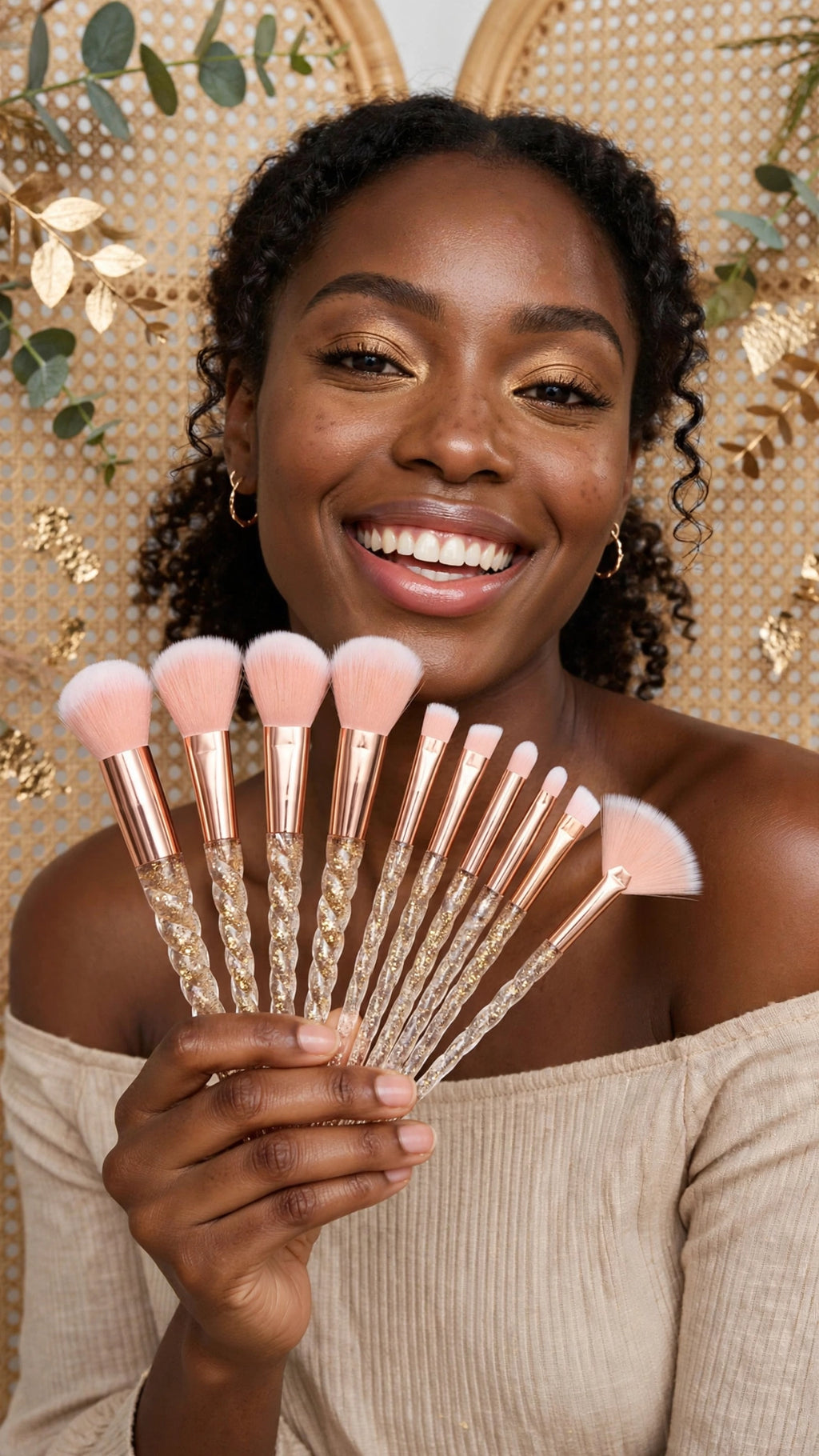 10pcs Gold Unicorn Spiral Handle Ergonomic Makeup Brush Set
