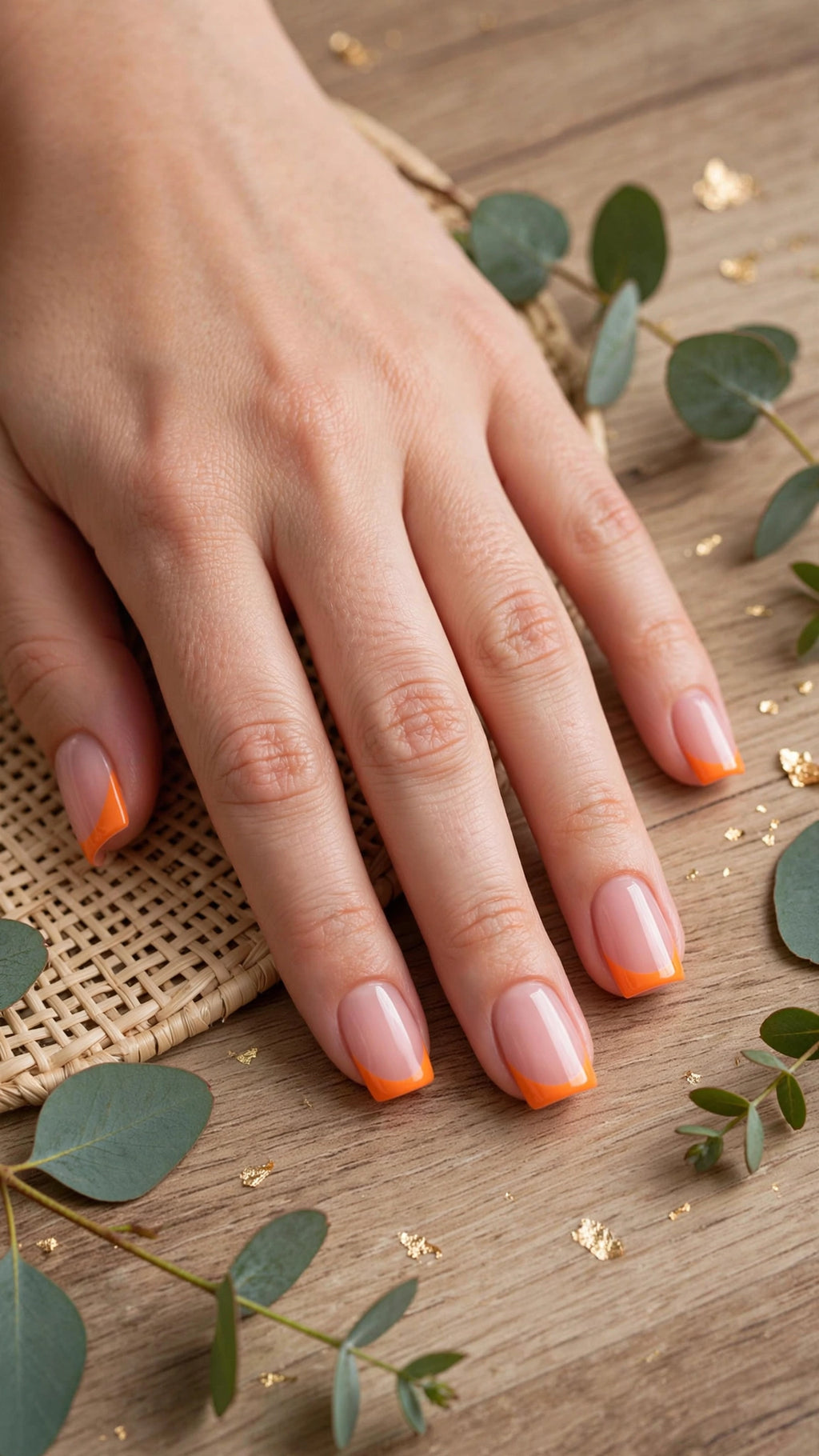 Square Press-On Nails – Fluorescent Orange & Nude French Edge (10pcs, 3 Sizes)