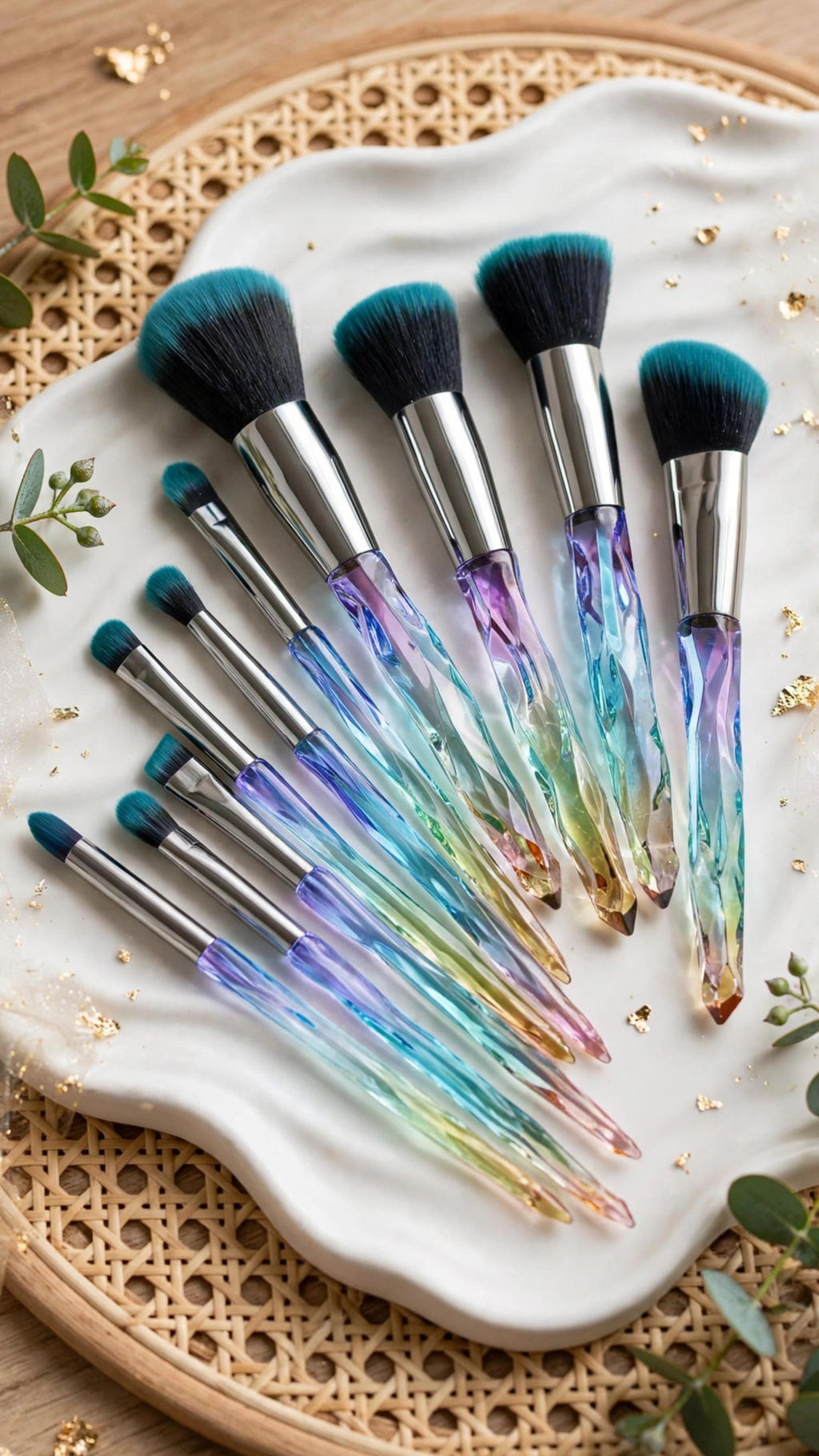 10pcs Asymmetrical Rhinestone Crystal Handle Makeup Brush Set – Super Soft Nylon Hair