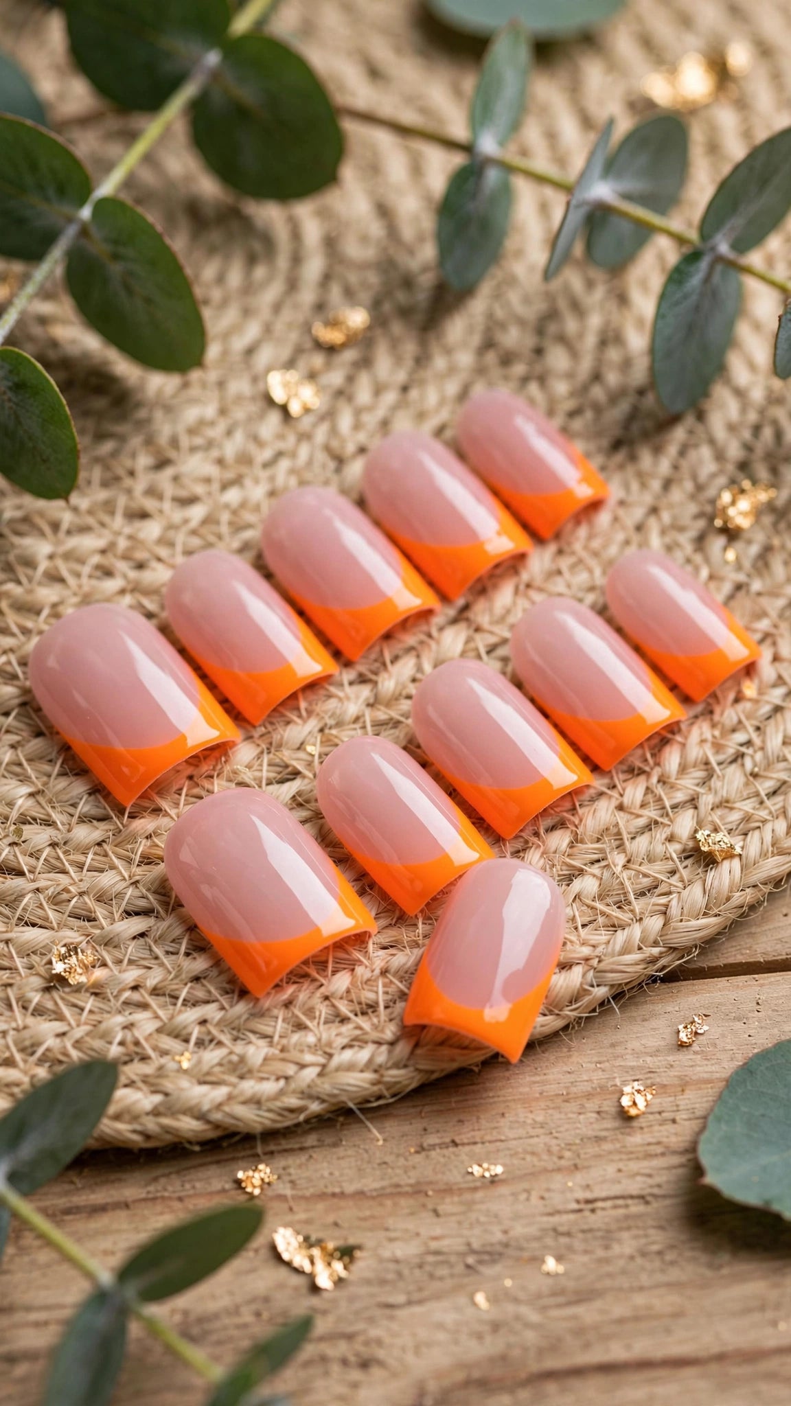 Square Press-On Nails – Fluorescent Orange & Nude French Edge (10pcs, 3 Sizes)
