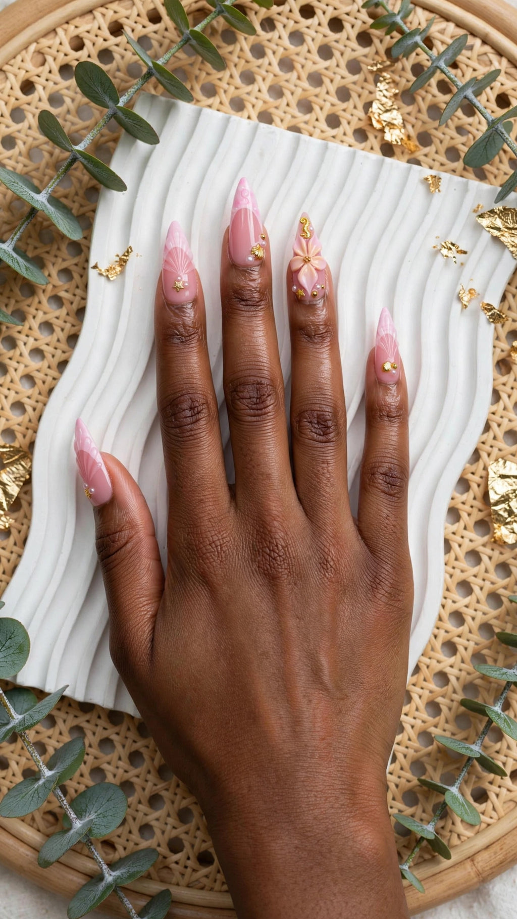 Ocean Theme Almond Press-On Nails – Nude & Pink with French Tips