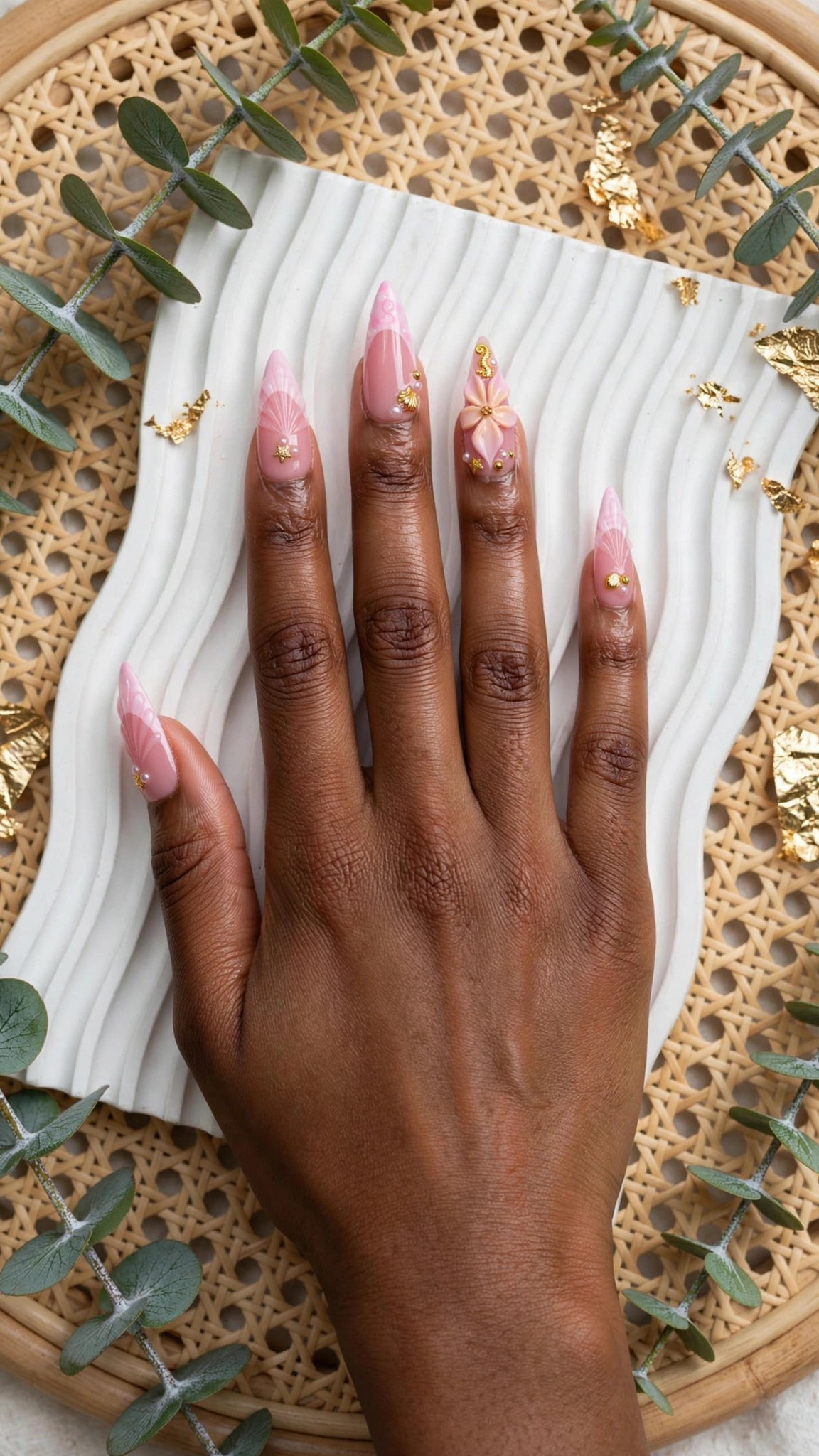 Ocean Theme Almond Press-On Nails – Nude & Pink with French Tips