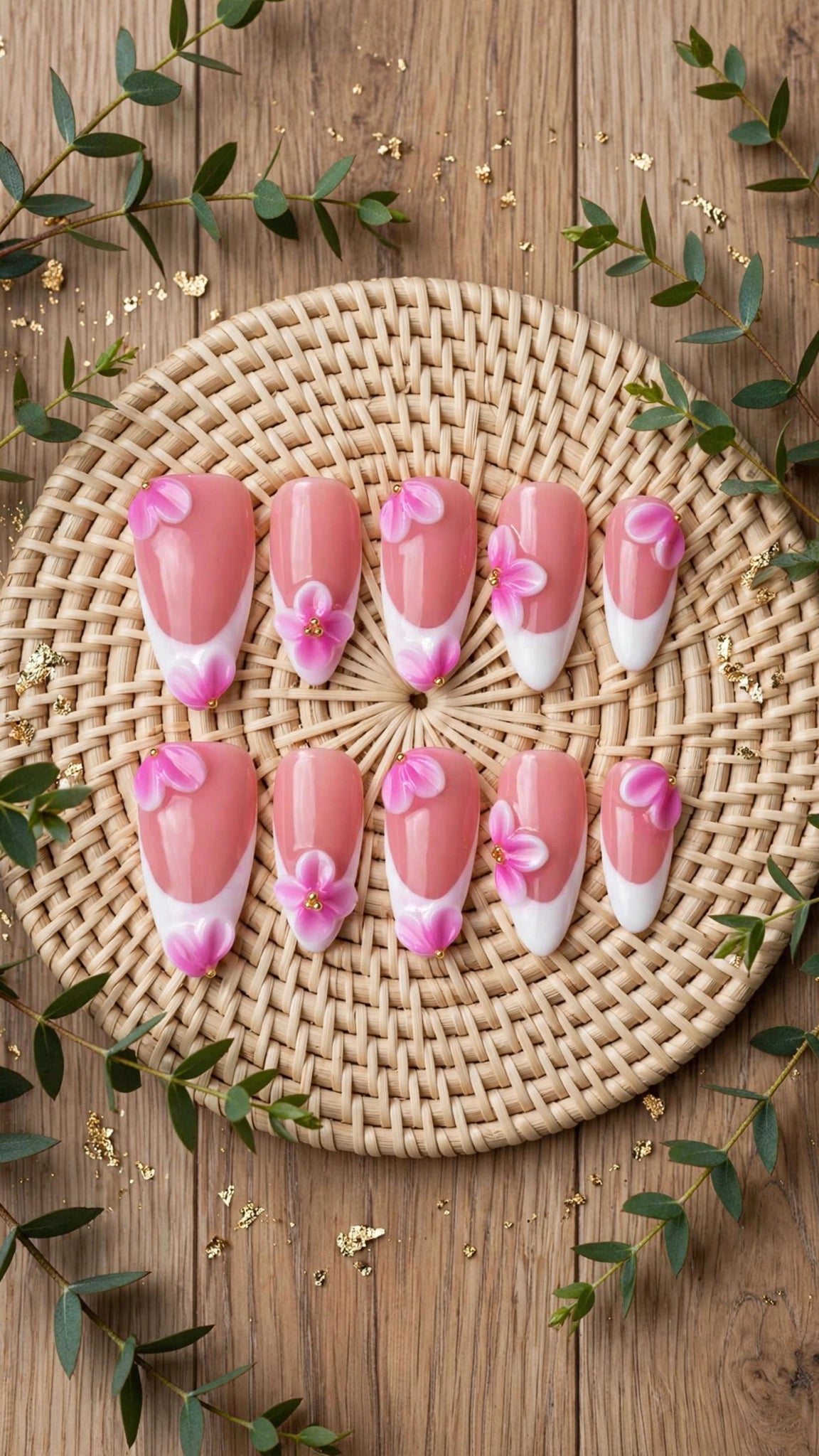 Almond-Shaped Press-On Nails – White & Nude French Tip with Carved Design (10pcs)