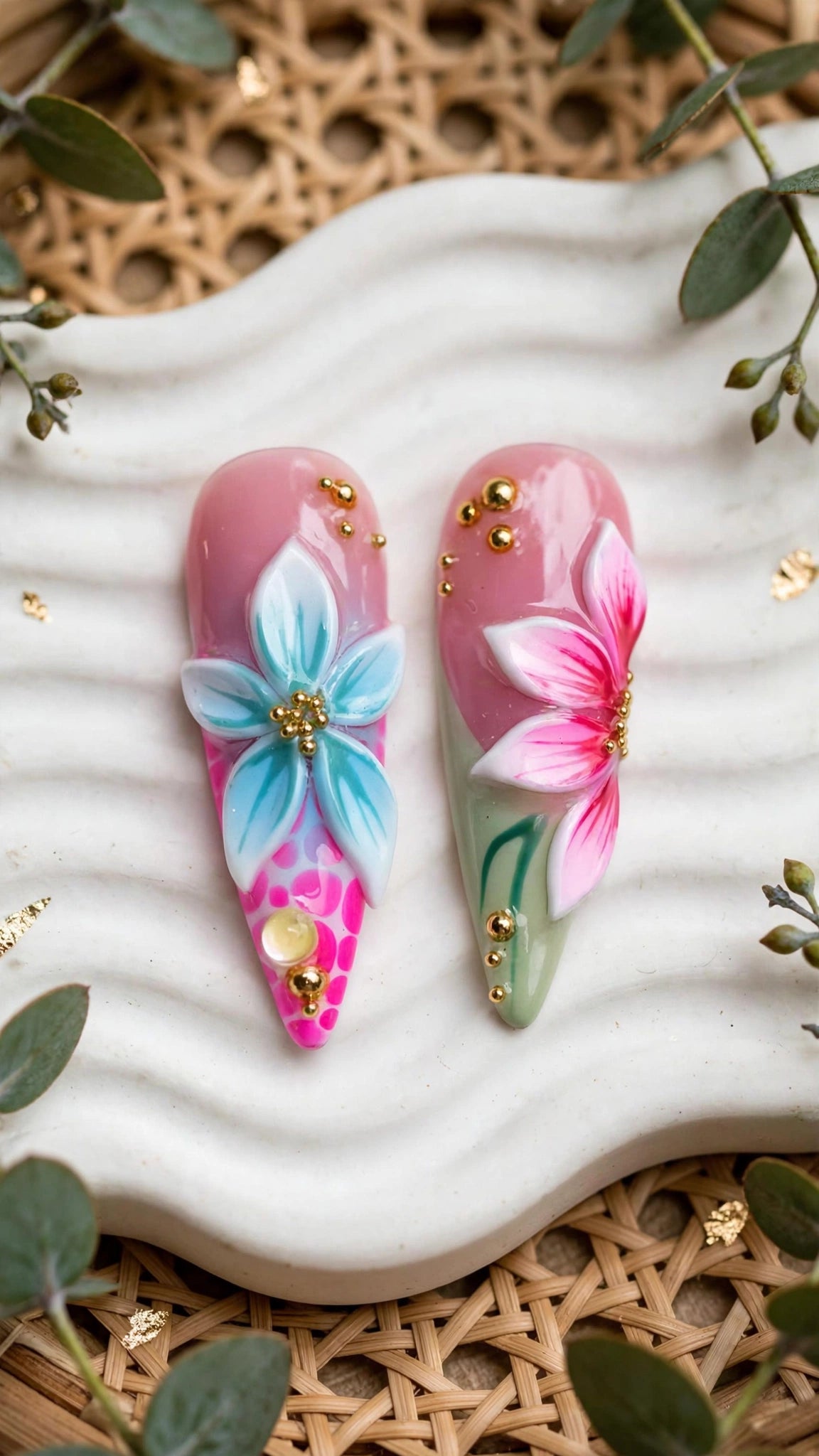 Almond-Shaped Press-On Nails – Nude, Pink, Blue & Red with French Tips