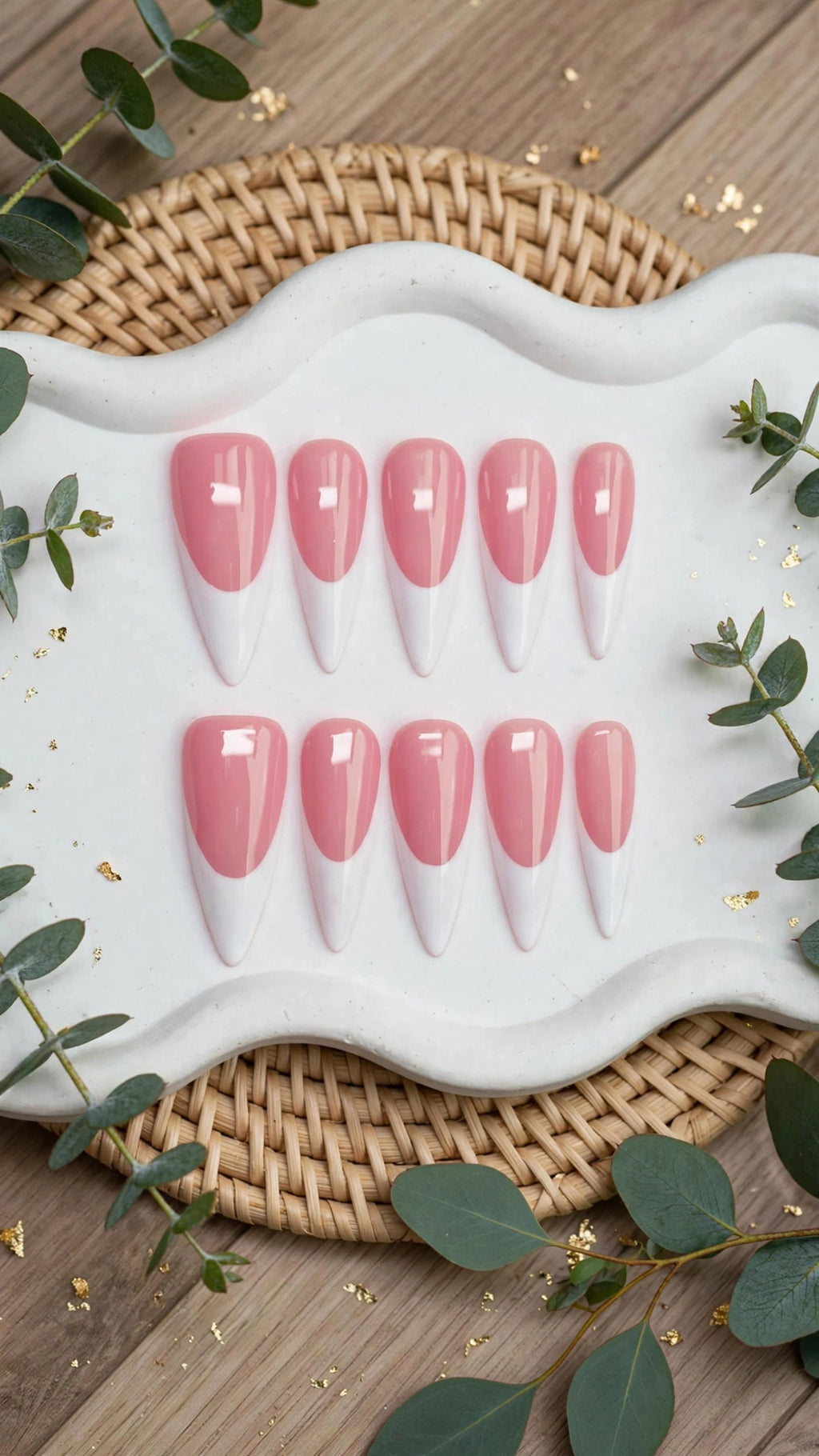 Almond-Shaped Press-On Nails – Nude & White French Tip Design (10pcs)