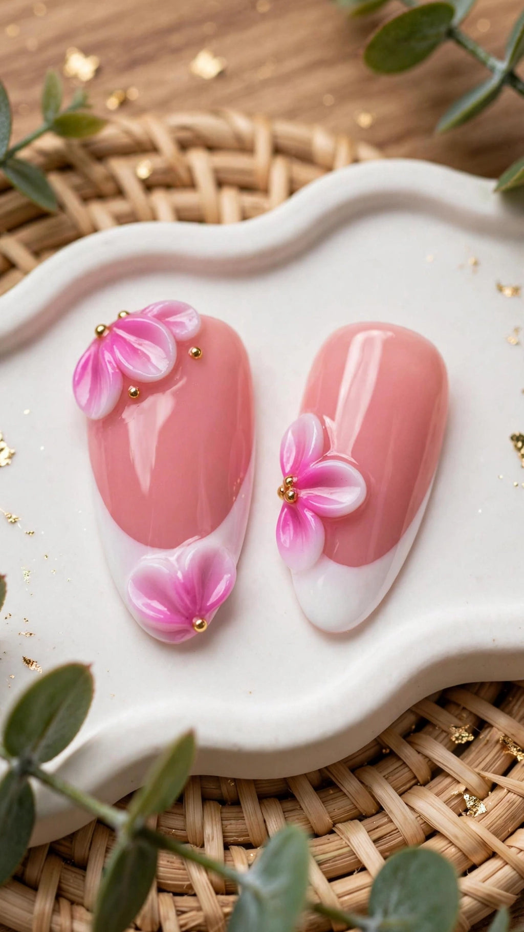 Almond-Shaped Press-On Nails – White & Nude French Tip with Carved Design (10pcs)