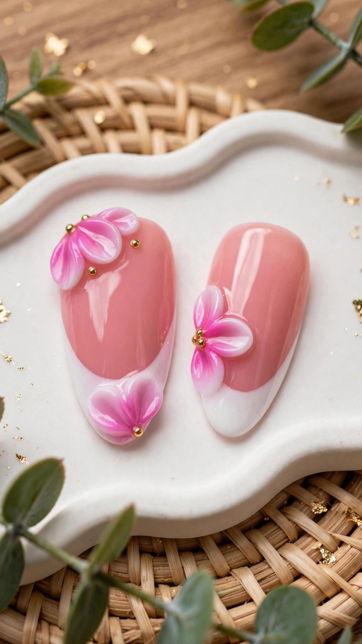 Almond-Shaped Press-On Nails – White & Nude French Tip with Carved Design (10pcs)