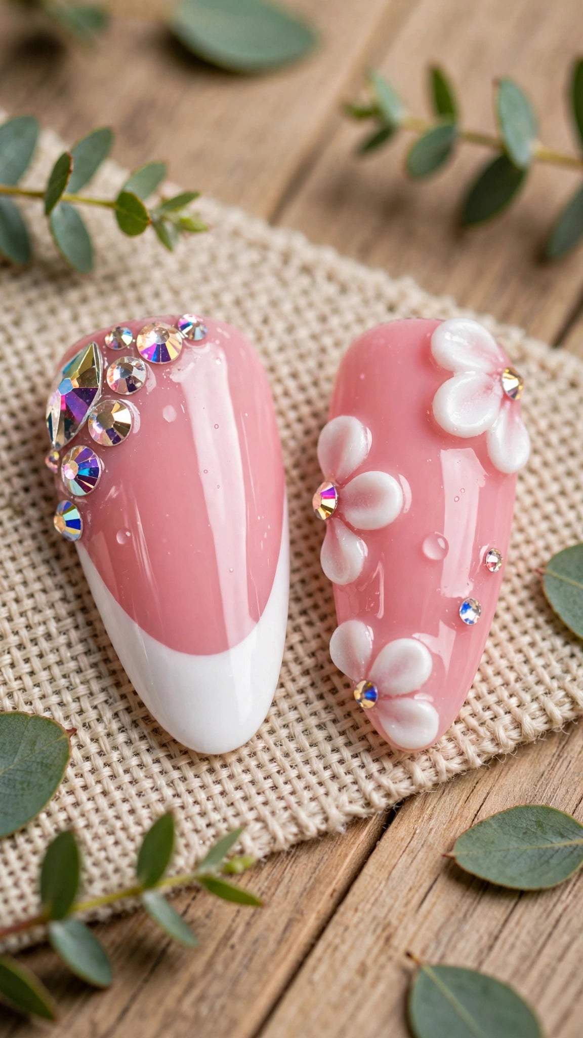Almond-Shaped Press-On Nails – Nude & White French Tips with Rhinestones (10pcs)