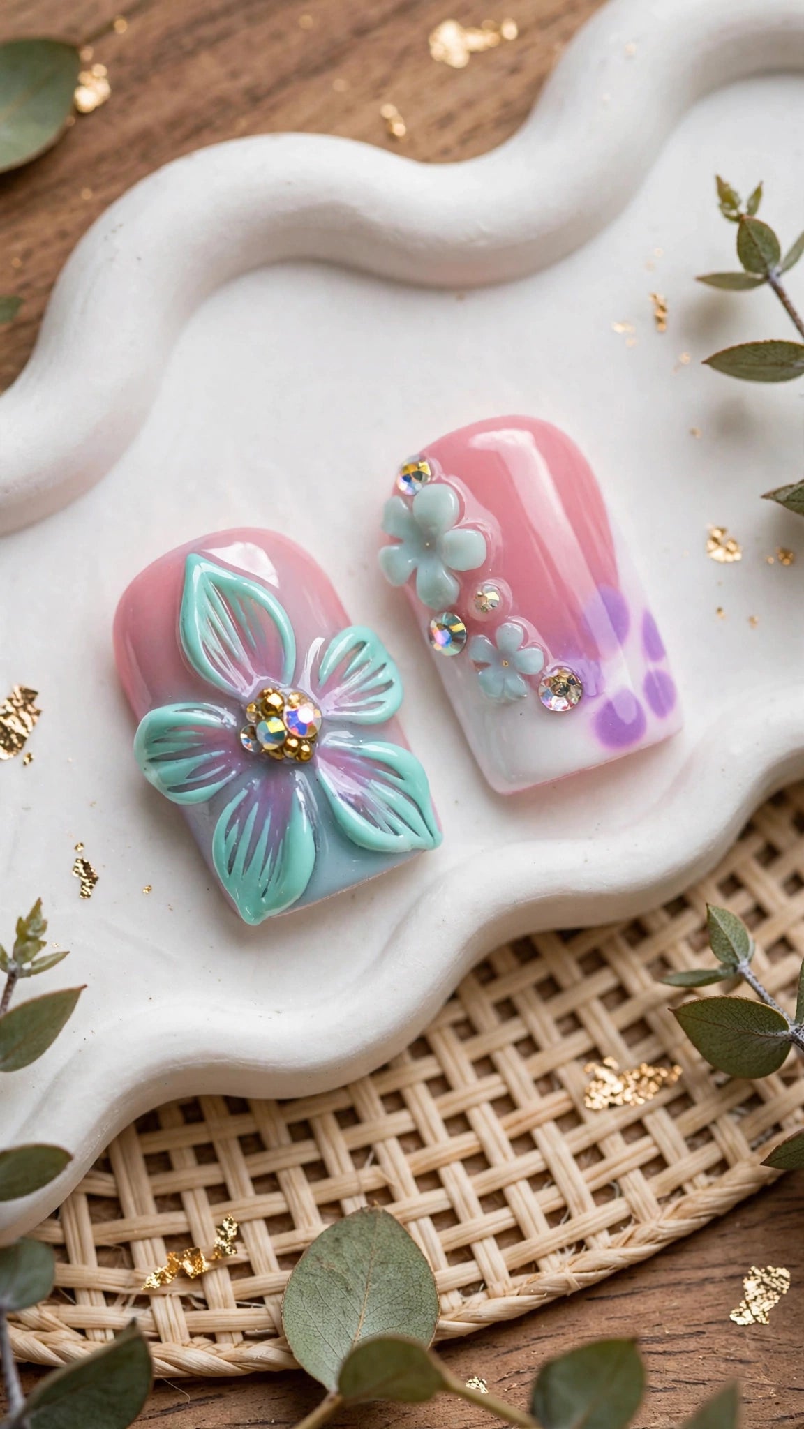 Press-On Nails – Nude, White & Purple French Edge with Carved Flowers & Rhinestones (10pcs)