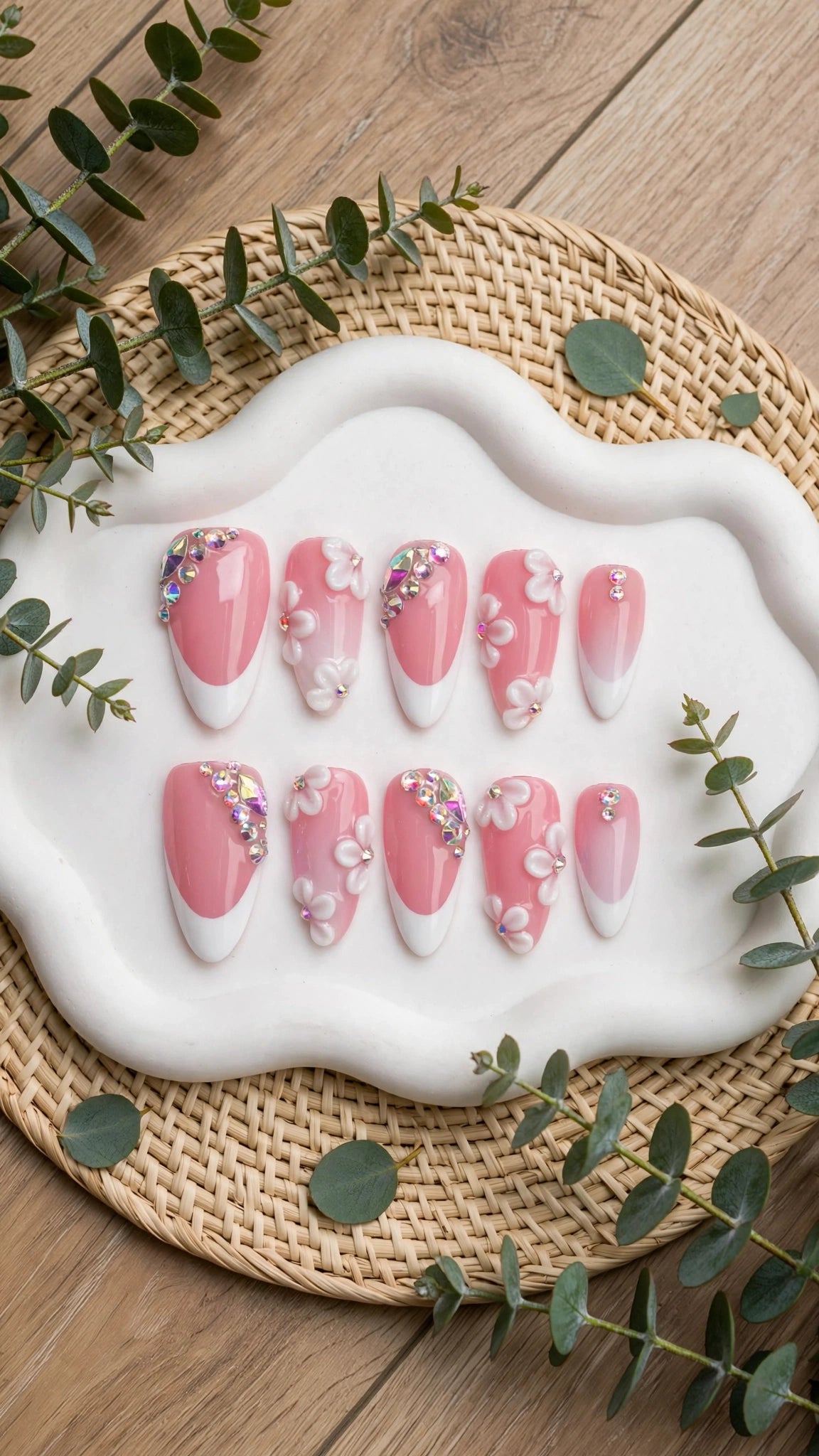 Almond-Shaped Press-On Nails – Nude & White French Tips with Rhinestones (10pcs)