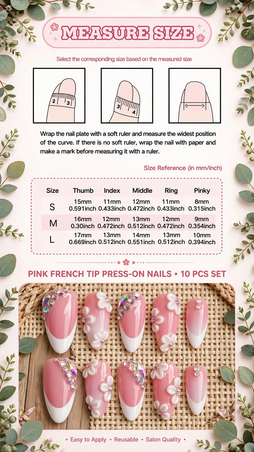 Almond-Shaped Press-On Nails – Nude & White French Tips with Rhinestones (10pcs)
