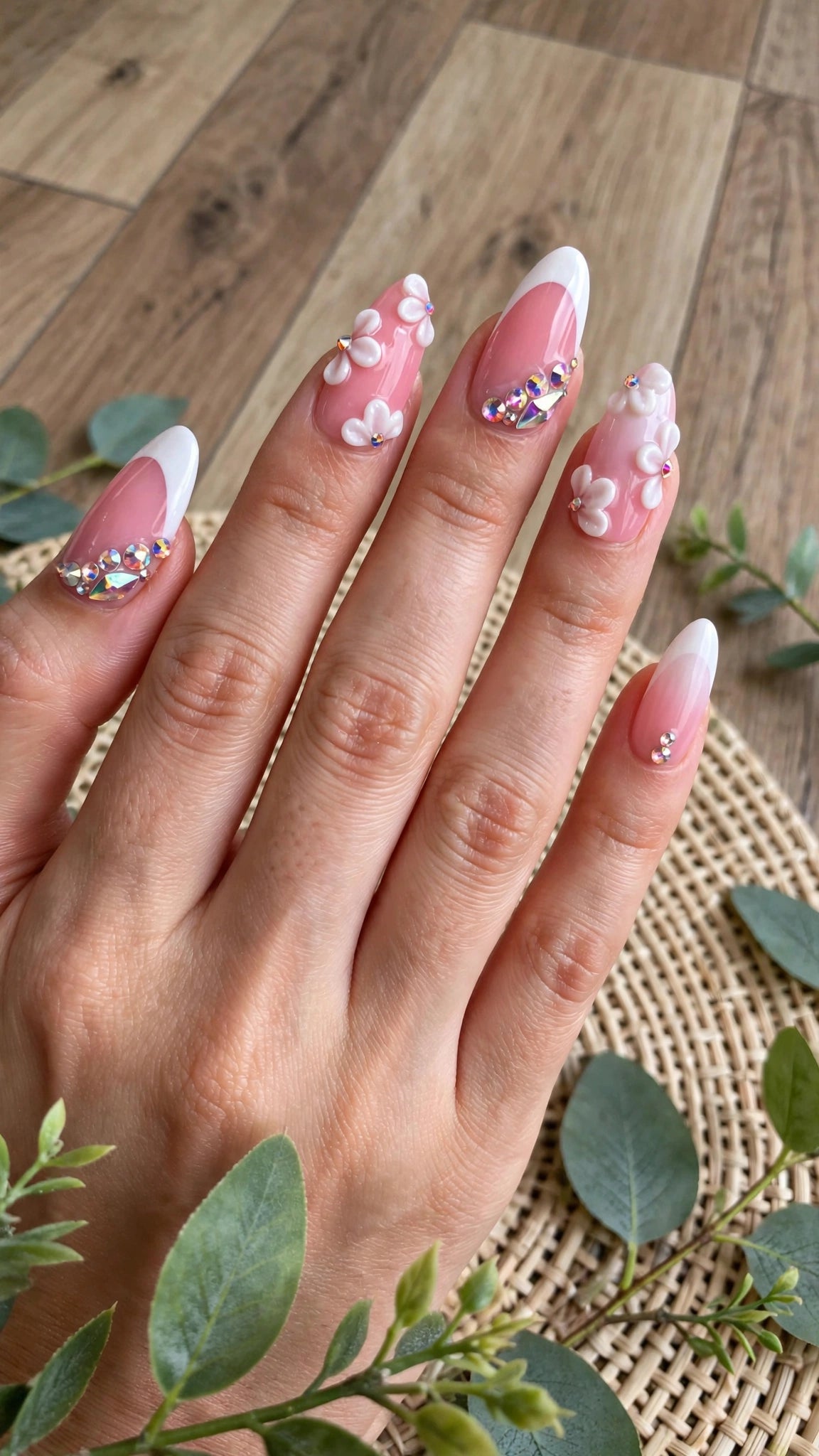 Almond-Shaped Press-On Nails – Nude & White French Tips with Rhinestones (10pcs)