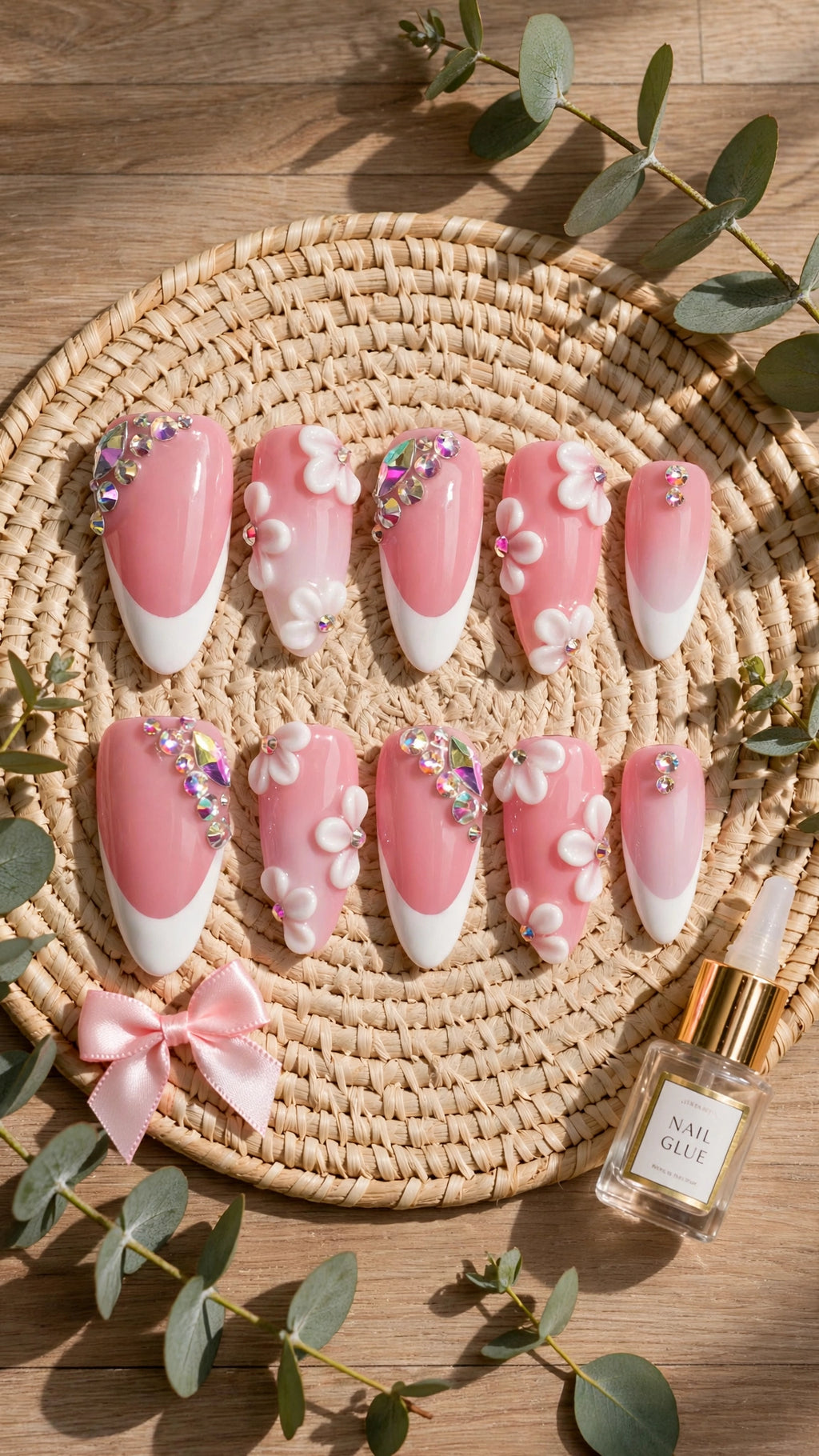 Almond-Shaped Press-On Nails – Nude & White French Tips with Rhinestones (10pcs)