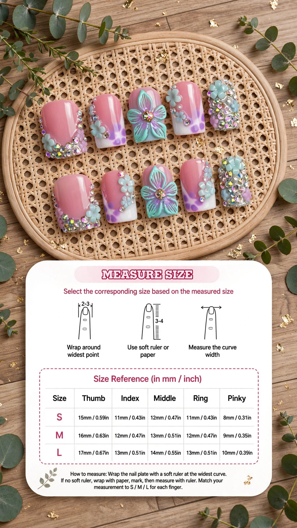Press-On Nails – Nude, White & Purple French Edge with Carved Flowers & Rhinestones (10pcs)