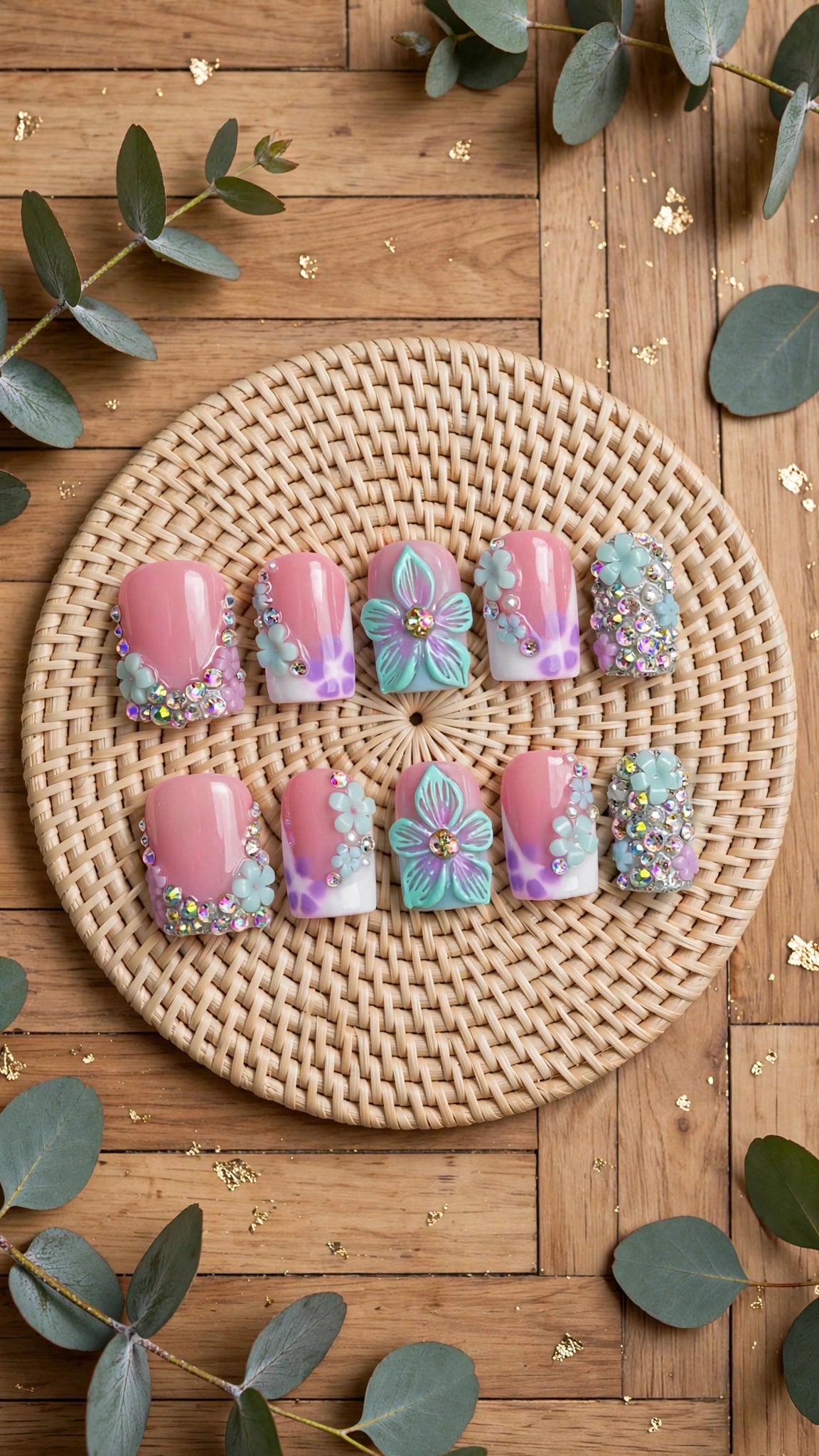 Press-On Nails – Nude, White & Purple French Edge with Carved Flowers & Rhinestones (10pcs)