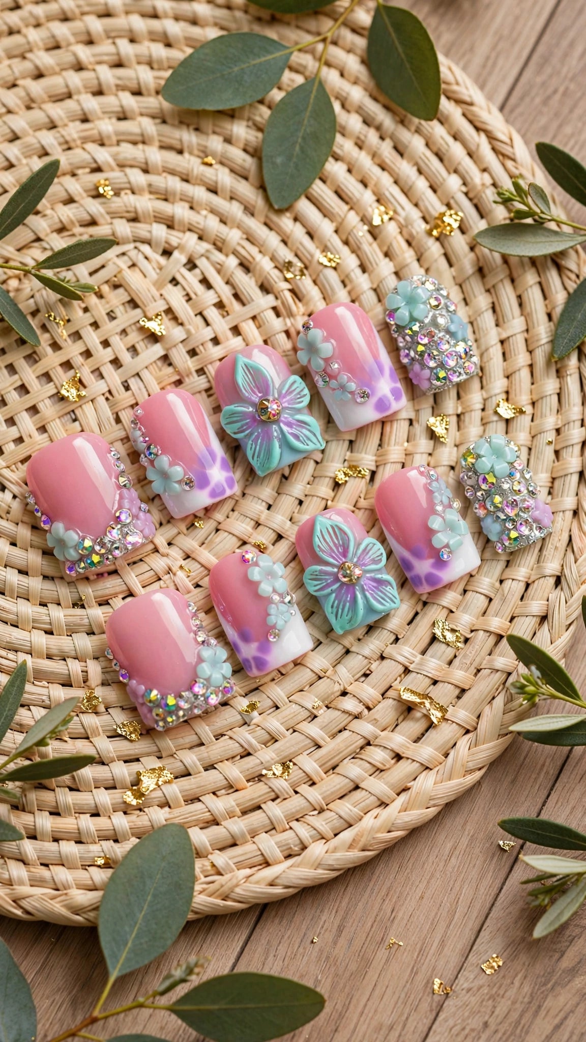Press-On Nails – Nude, White & Purple French Edge with Carved Flowers & Rhinestones (10pcs)