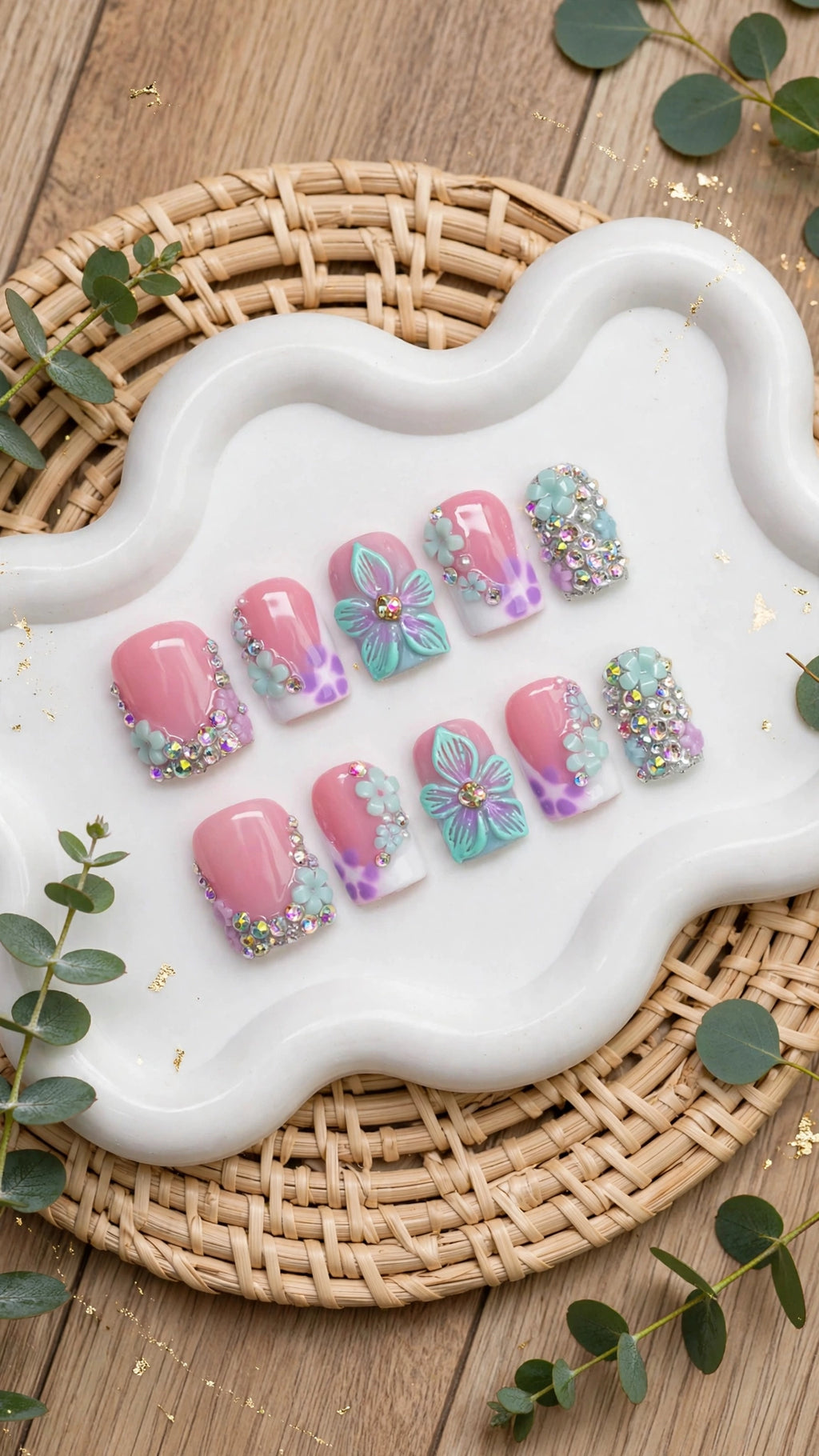 Press-On Nails – Nude, White & Purple French Edge with Carved Flowers & Rhinestones (10pcs)