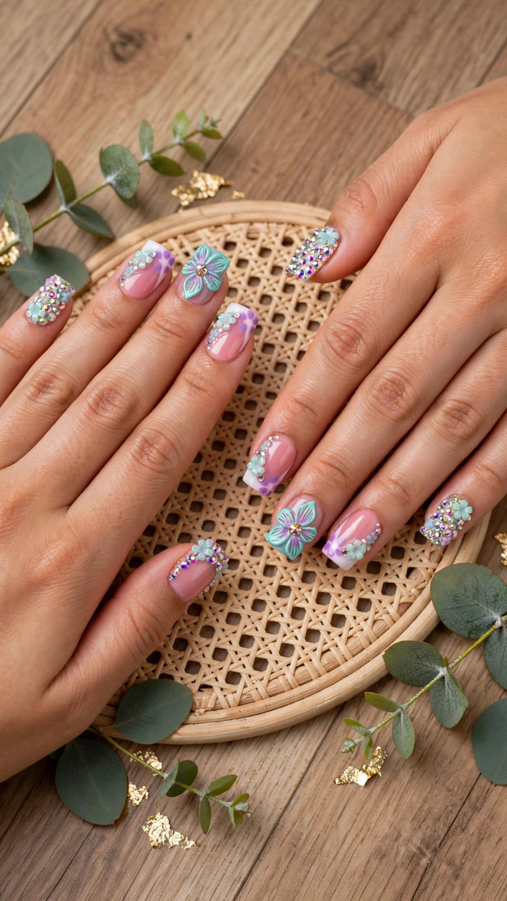 Press-On Nails – Nude, White & Purple French Edge with Carved Flowers & Rhinestones (10pcs)