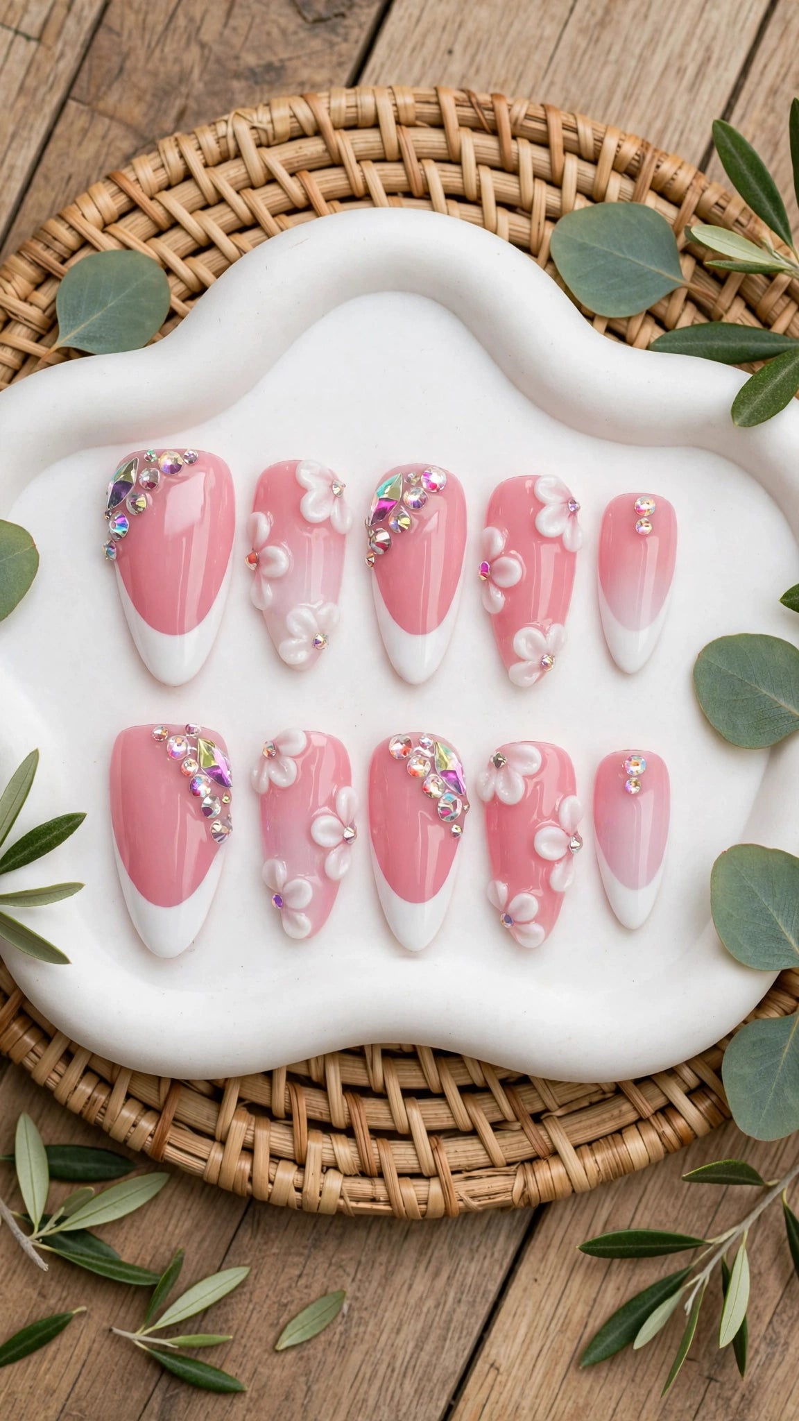 Almond-Shaped Press-On Nails – Nude & White French Tips with Rhinestones (10pcs)